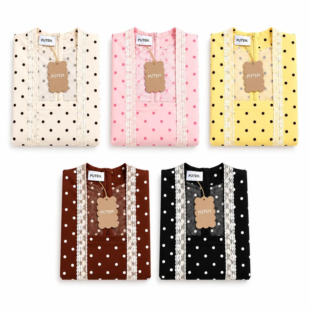 Chinta Kebaya Polka dalam lima warna, dilipat dengan tag PUTEH.