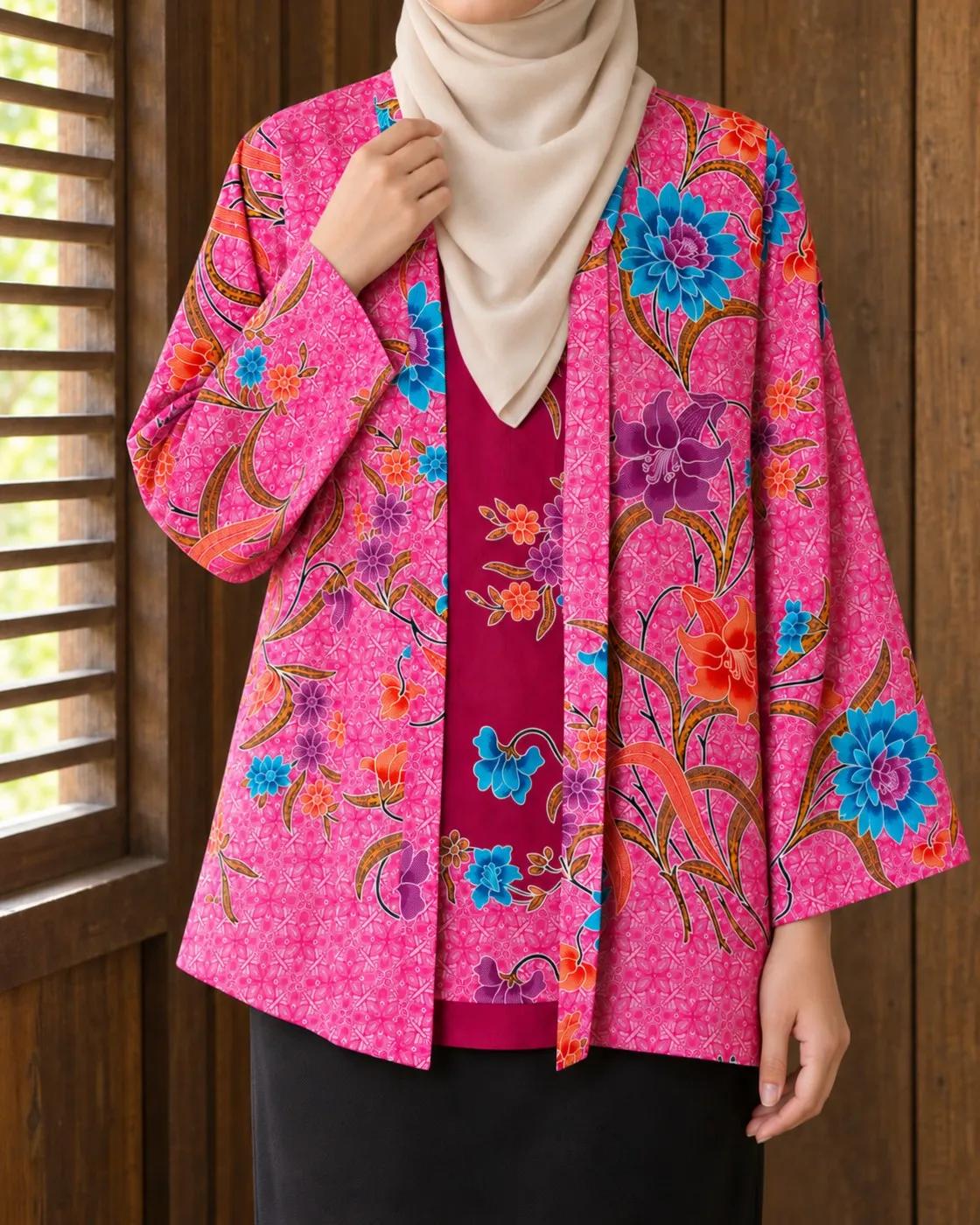 Kebaya batik Kekwa fuchsia dipakai di sebelah tingkap kayu