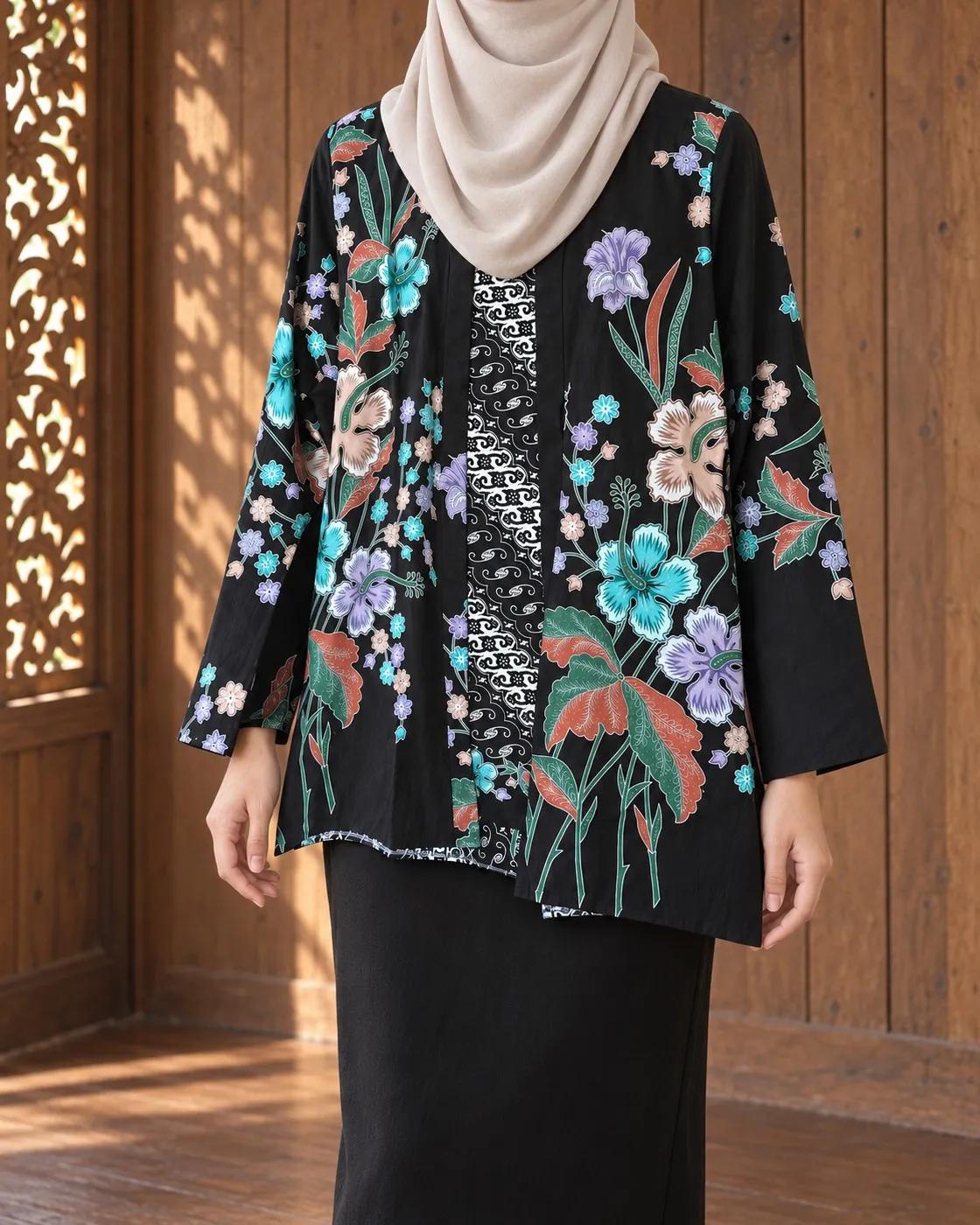 Kebaya batik Bunga Raya hitam teal dipakai di hadapan dinding kayu
