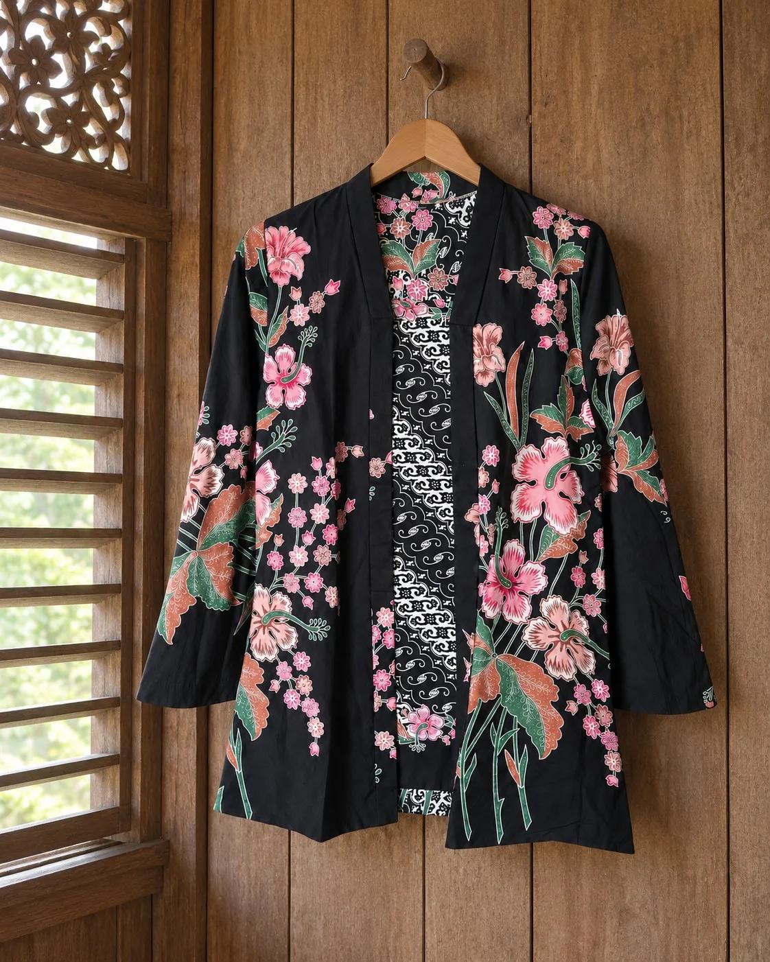 Kebaya batik Bunga Raya hitam merah jambu digantung di tempat teduh