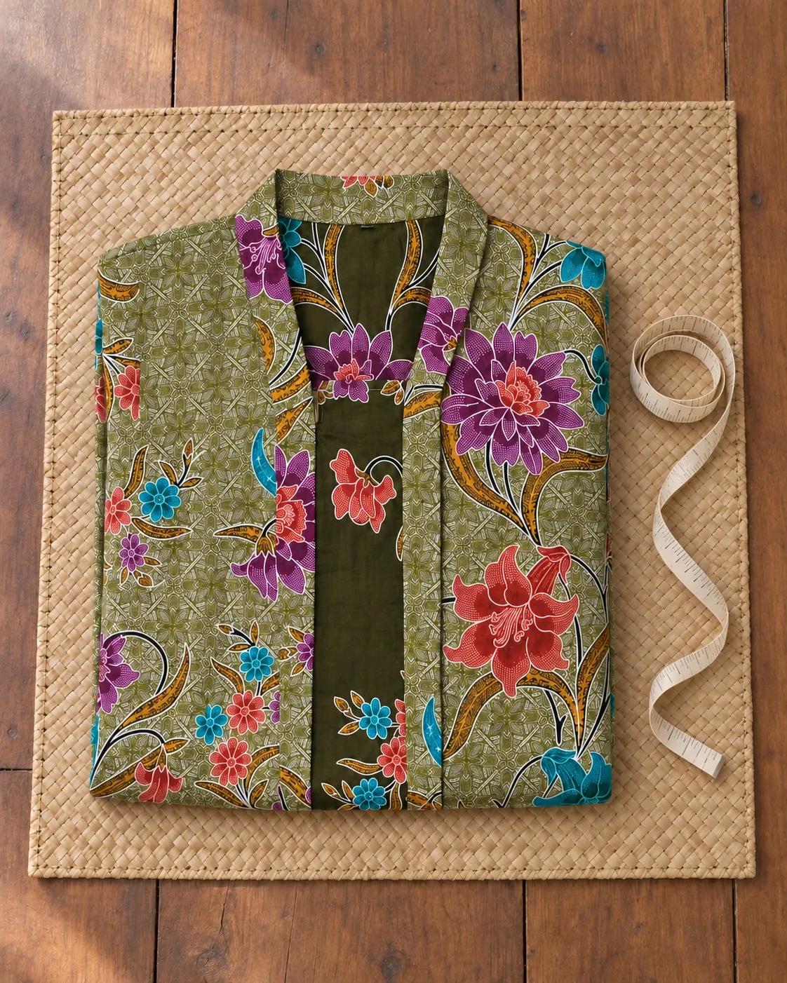 Kebaya batik Kekwa hijau zaitun dilipat bersama pita pengukur