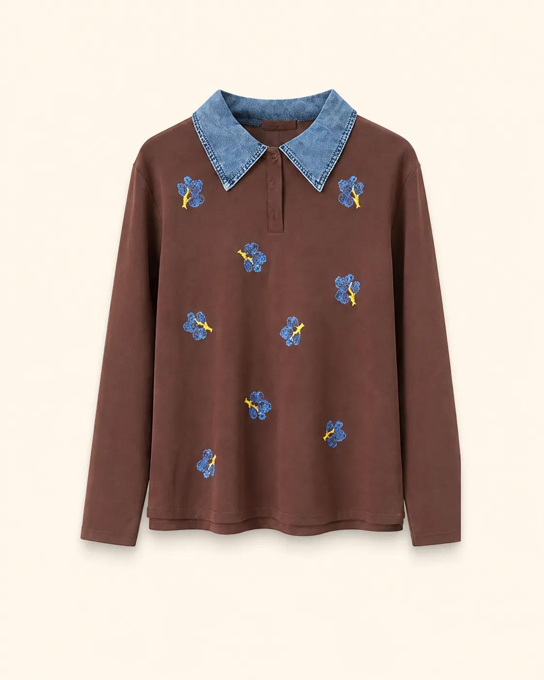 Embroidered Denim-Collar Top